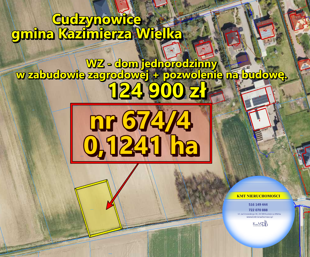 Działka 0,12 ha z warunkami zabudowy, Cudzynowice, gmina Kazimierza Wielka, świętokrzyskie
